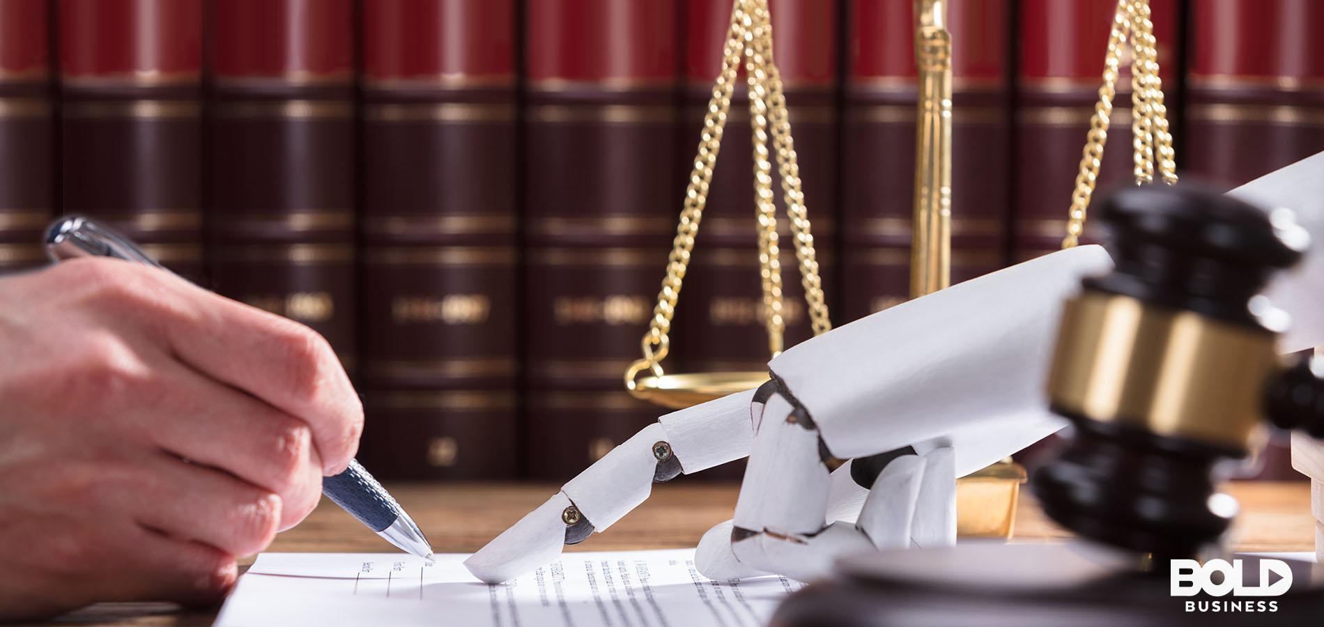 A human and a robot demonstrating AI legal issues