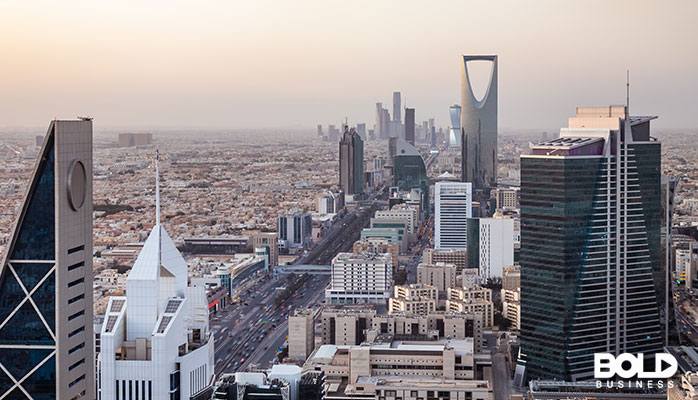 a city skyline that probably has water