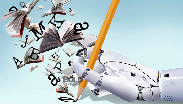 a robot with a big pencil writing a book