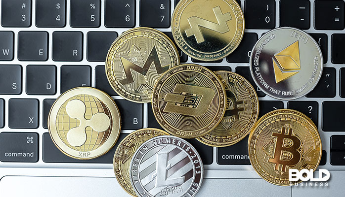 some Bitcoins lying on a keyboard
