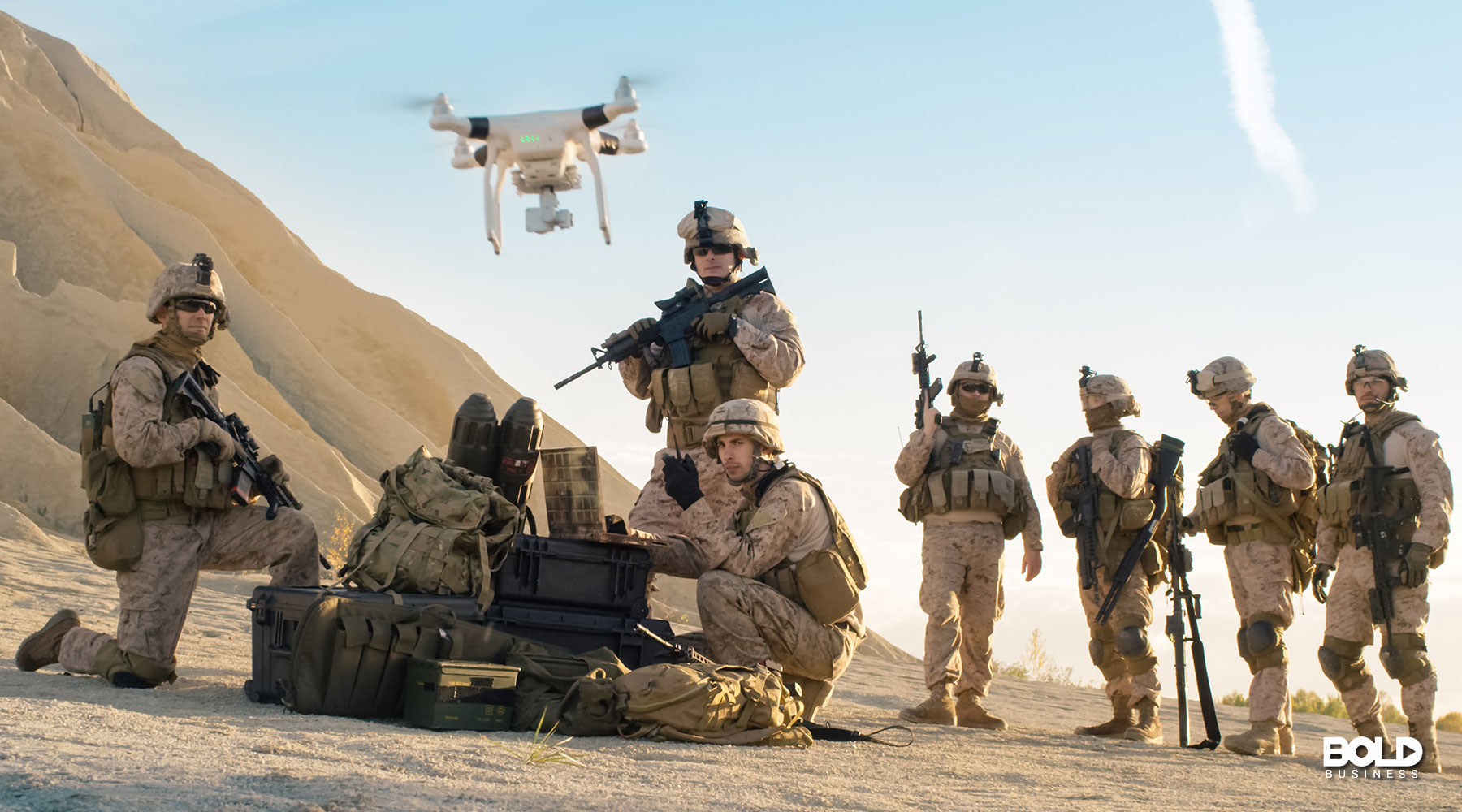 AI-controlled killer drones above soldiers