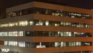 an office that has some lights on and some off